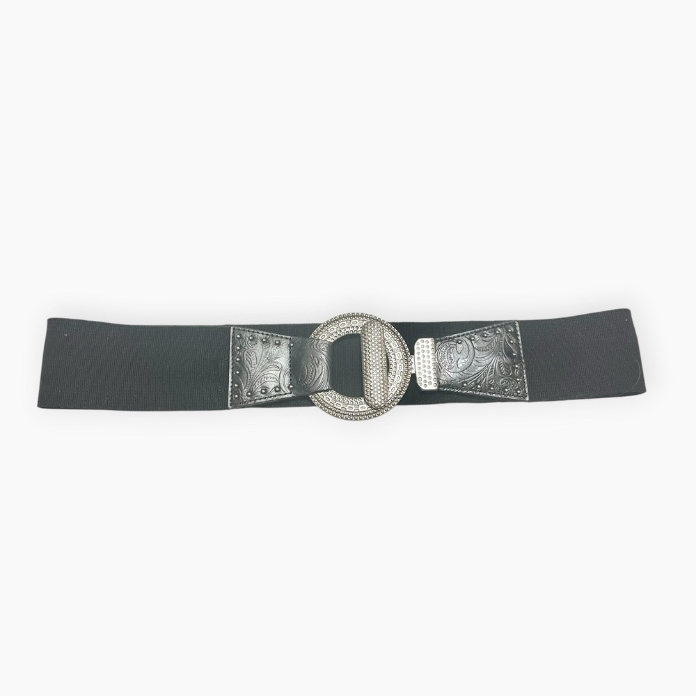 Chico's Silver Black Stretch Belt Leather Linen Circle Buckle M / L Western